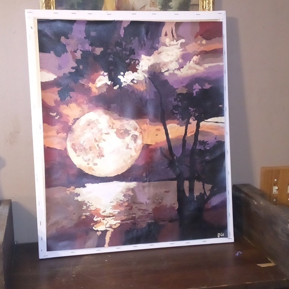 Hand Painted Moon Set On Canvas No Frame - 18.5"X22.5"